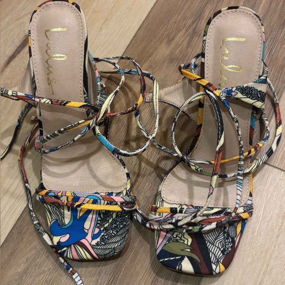 New Lulu's Wiley Multi Print Square toe Lace Up High Heel Sandals size 8 - Picture 6 of 11